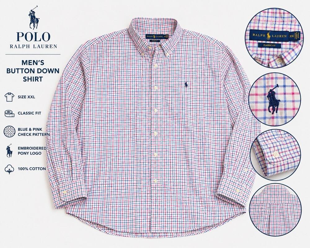 Polo Ralph Lauren Shirt Mens 2XL Blue Pink/Red Check Classic Fit Cotton Stretch